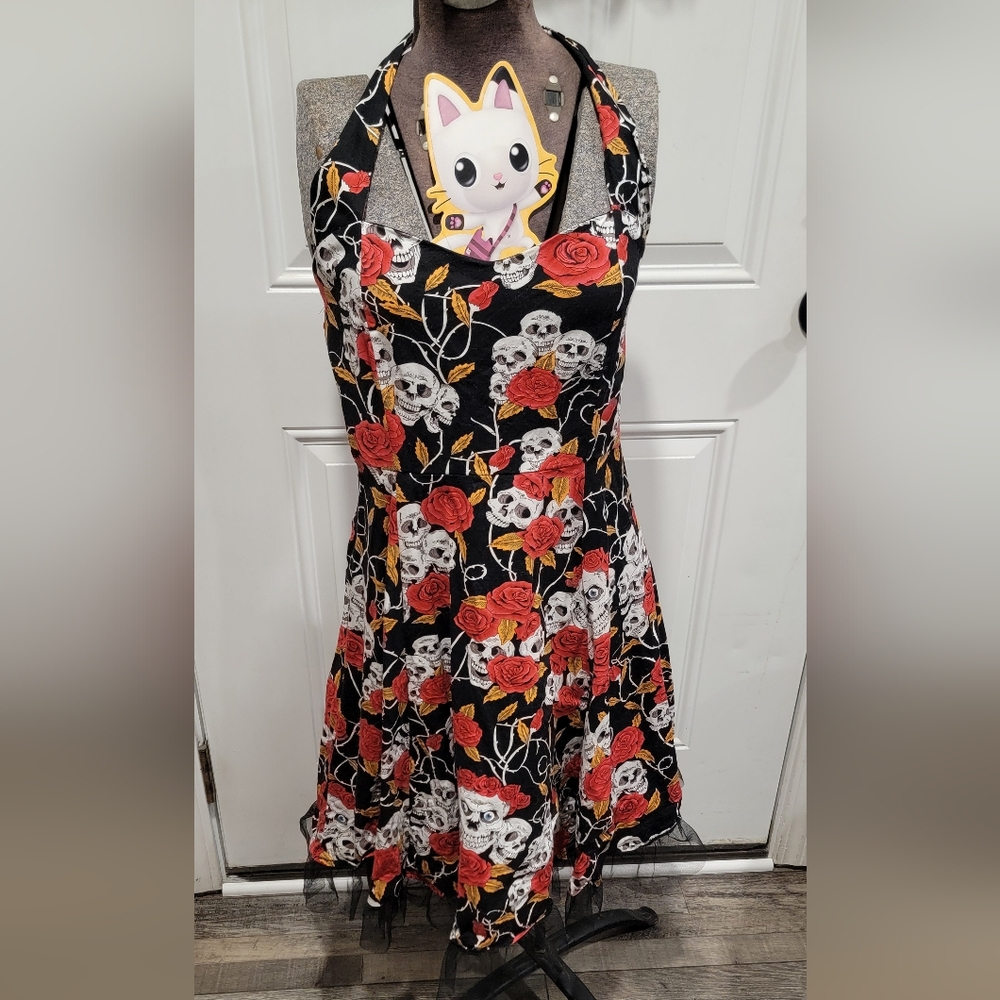 Oten Women's Vintage RoseSkull Halter Dress 1950s Floral Spring Retro Rockabilly